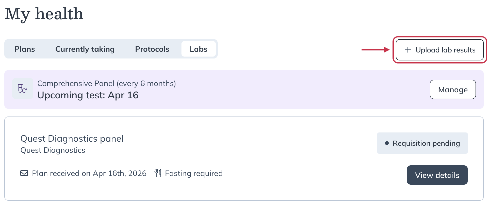 The Labs tab in the My health section with the Upload lab results button highlighted.